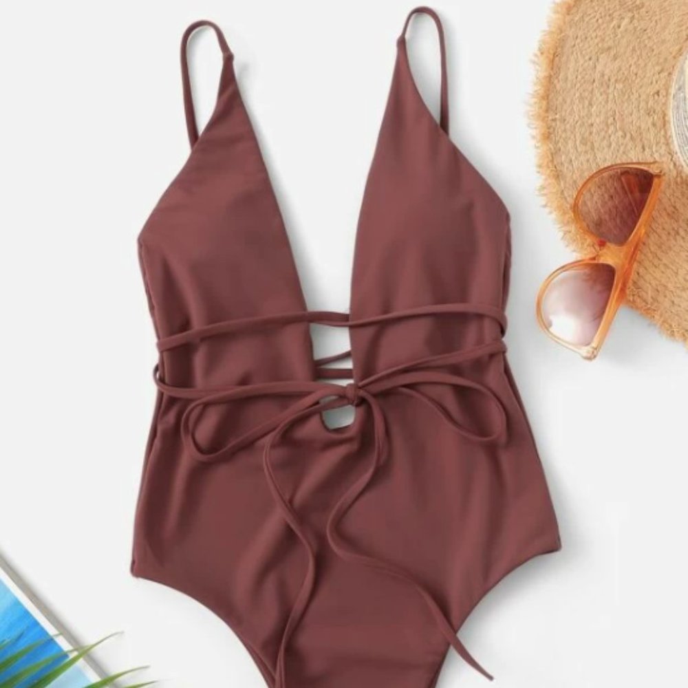 SHEIN Plunging Belted Low Back One Piece Swimsuit